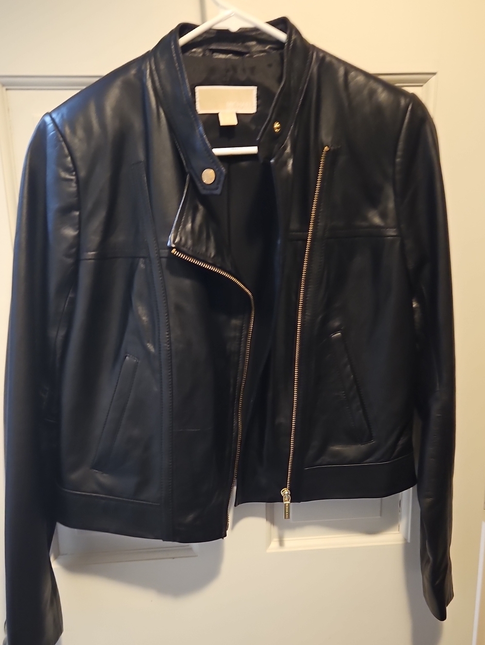 Michael Kors Black Leather Moto Jacket with Gold Hardware